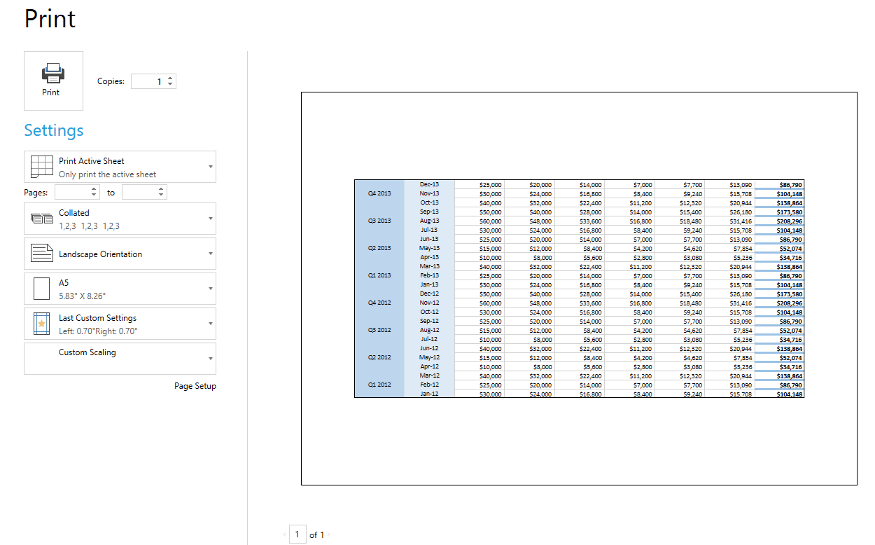 Print preview without changing settings