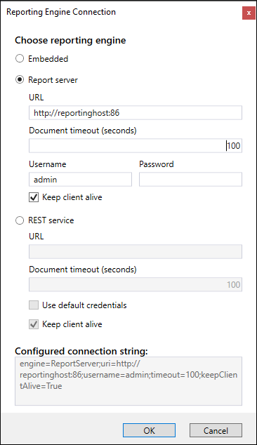 An image ofthe Report Engine Connection dialog with Report Server option selected