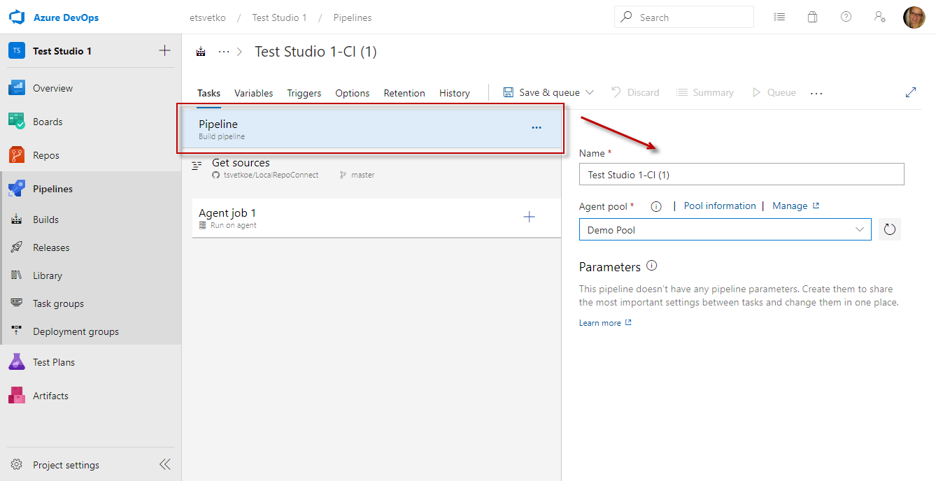 Select pipeline and agent pool